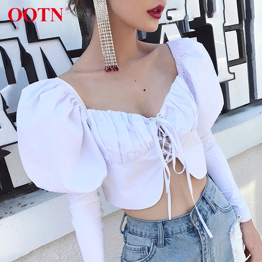 

OOTN Square Collar Short Chemise Female Long Sleeve White Blouse Shirts Women Sexy Lace Up Tunic Blouse Puff Sleeve Crop Top