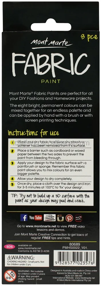 
Mont Marte Fabric Paint Set 8pce x 20ml 