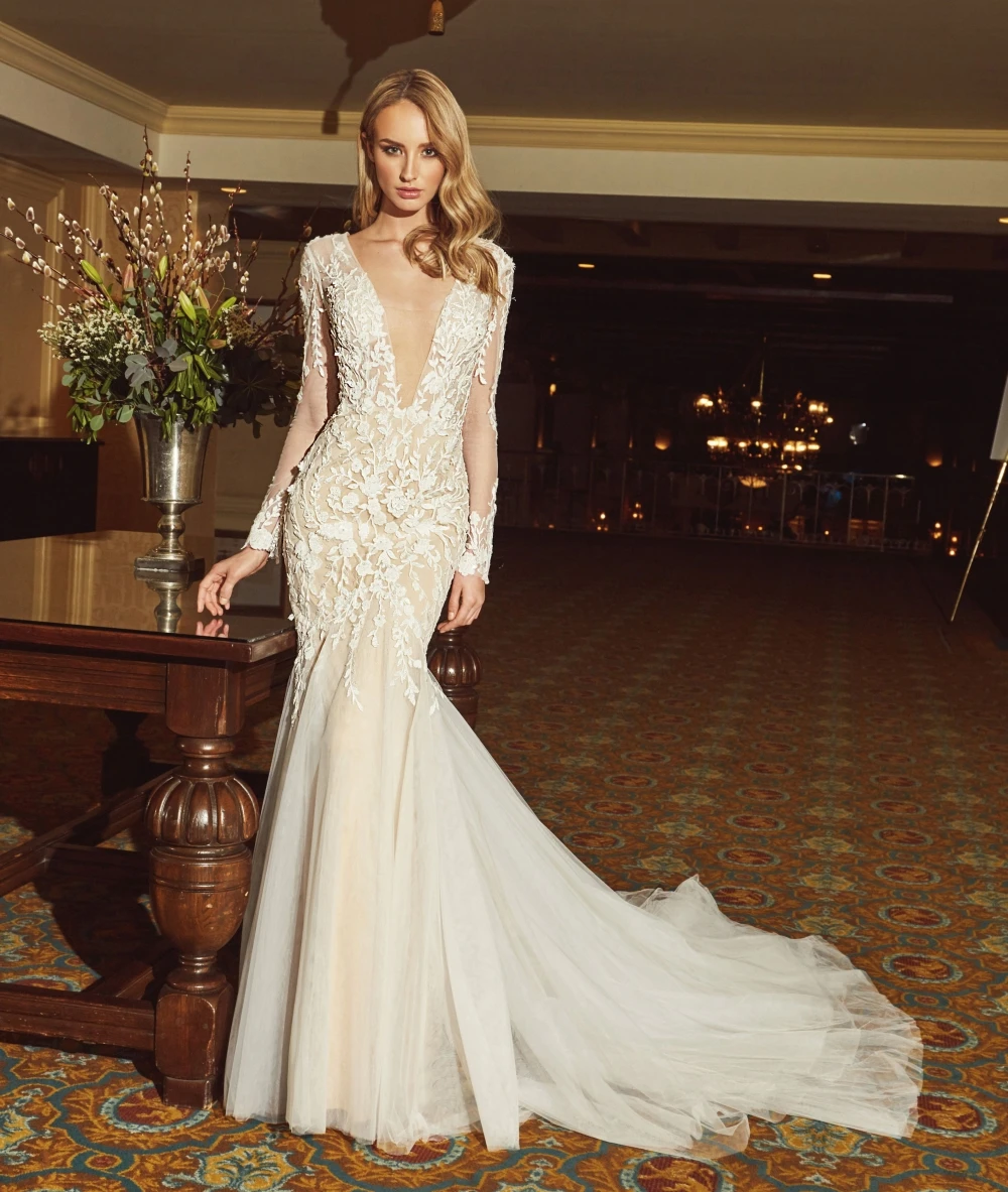 AC-1036 Elegant V Neck Long Sleeves Appliqued Detachable Skirt Mermaid Wedding Dress
