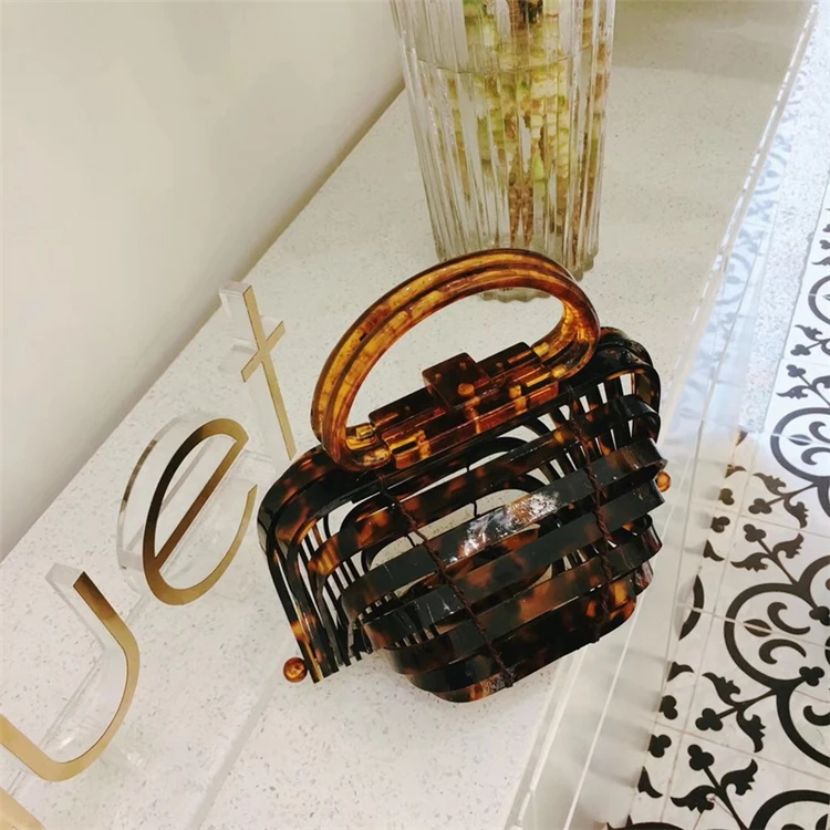 Women Foldable Acrylic Handbag Hollow Out Basket Bird CageTote Ark Bag Hand Woven Bag Bamboo Stitching plastic basket beach bag
