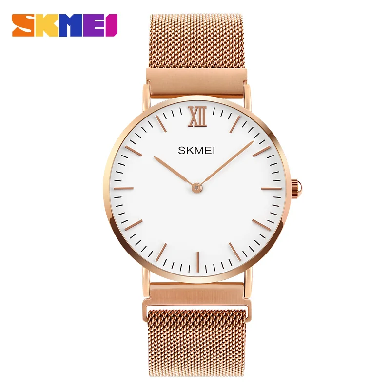 

New Arrival SKMEI 1318 Luxury Classic Couple Watches Magnetic Buckle Strap Waterproof Wristwatch Quartz Stainless Steel Watch, Rose glod;silver