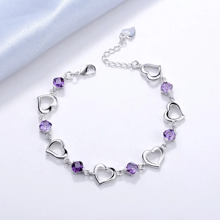 925 silver fashion high quality grace and temperament purple crystal heart shaped bracelet women