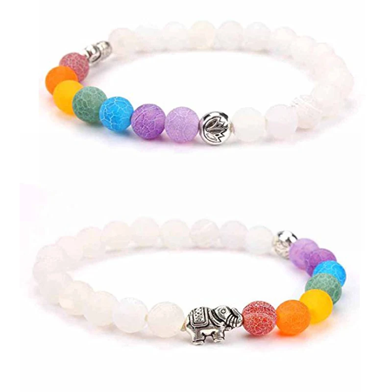 

7 Colorful Chakra Natural Stone Bracelet Yoga Beads Bangle Alloy Metal Silver Plated Elephant Bracelet For Women Jewelry