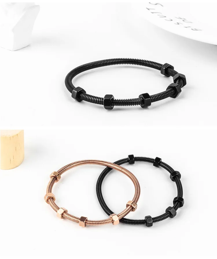 

Antique Jewelry 3 Colors Hexagon Nut Couple Rotating Cable Bracelets Gold Stainless Steel Open Wire Bracelet For Men Women, Silver;black rose gold