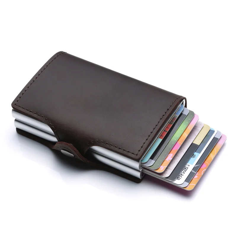 

Credit Card Holder Genuine Leather Wallet With Two Aluminum RFID Blocking Holders Antimagnetic Boxes, Black,dark brown, brown,red,napa brown