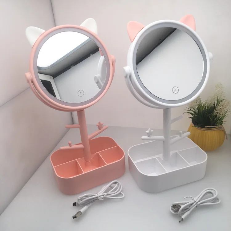 

Hot Sale Cute Animal Ears 180 Degree Rotatable Plastic Makeup Desktop Cosmetic Led Mirror, White/pink