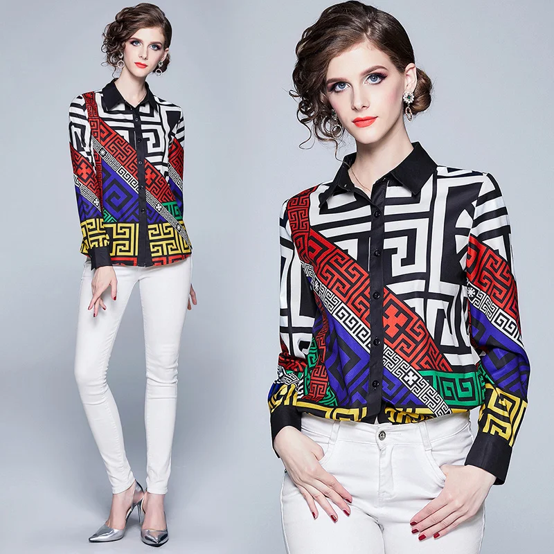 Best selling spring new design normal blusas de mujer casual turn down collar fashion printed womens long sleeve print blouse