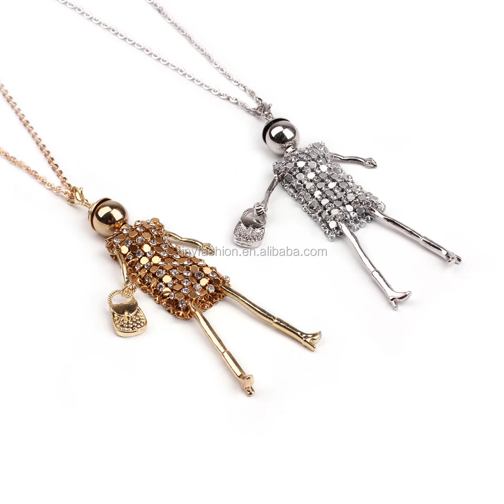 

Newest design gold silver cute rhinestone french girl pendant necklace