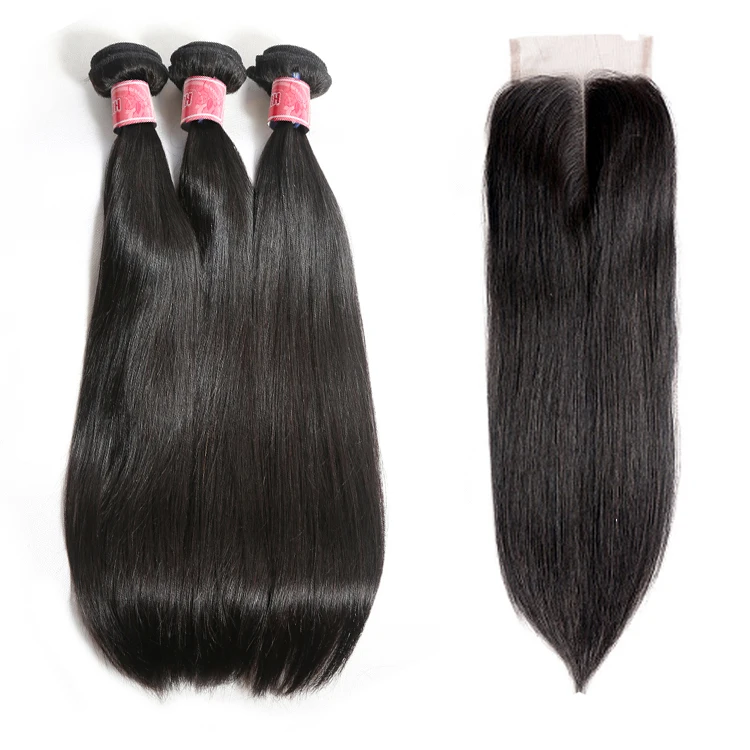 

JP Limited Brazilian Straight Hair With Closure 3 Bundles Unprocessed Virgin Human Hair Bundles With Lace Closure, Natural color