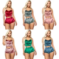

2020 New Arrivals Women Sexy Spaghetti Strap Sleeveless Crop Tops Vest And Mini Shorts Lace Side 2 Pieces Set Velvet Jumpsuit