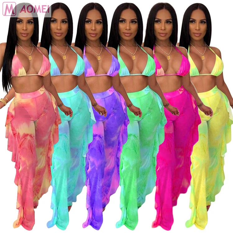 

R3005 wholesale hot woman summer sexy bra top and ruffle pants mesh set two piece beachwear