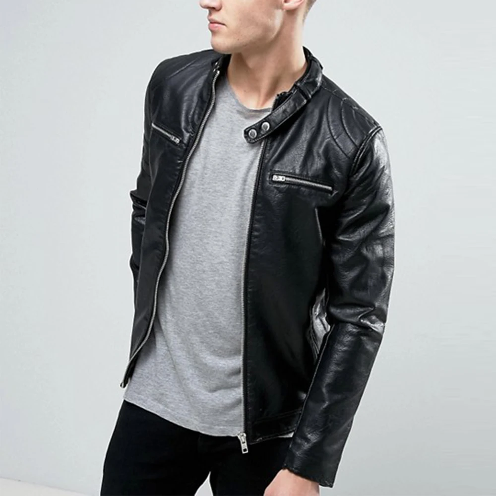 Man Clothes Zipped Cuffs Black Faux Leather Motorcycle Jacket - Buy ...