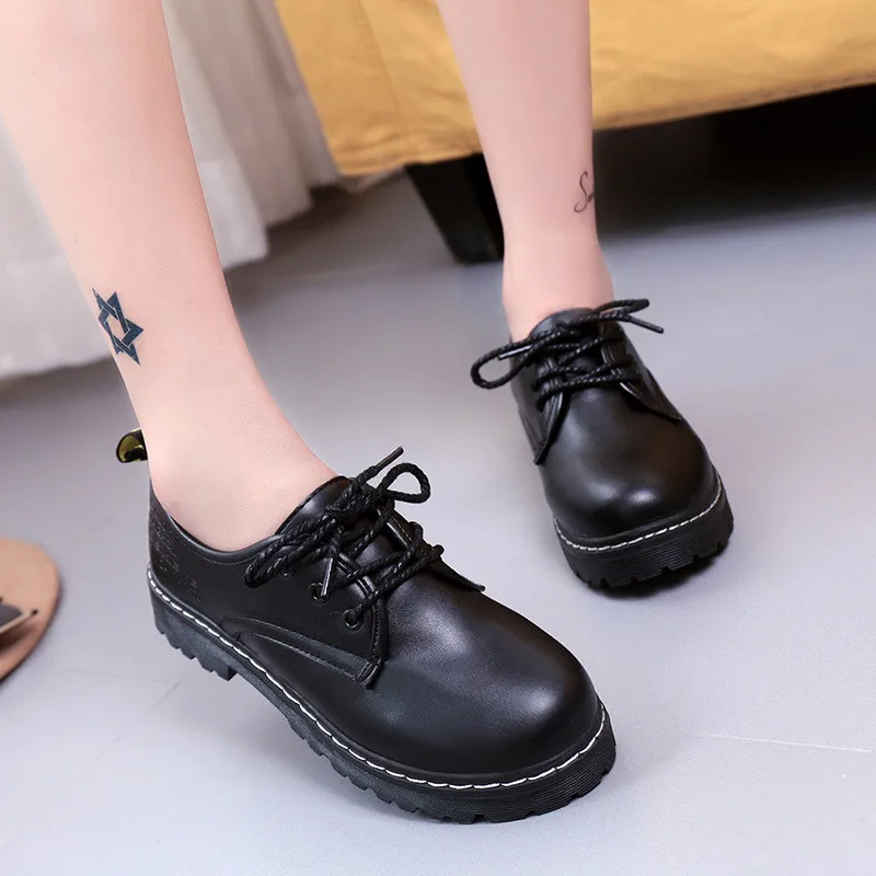 

Cheap Price Black Low-heeled Women's Student Leather Shoes, As the picture display
