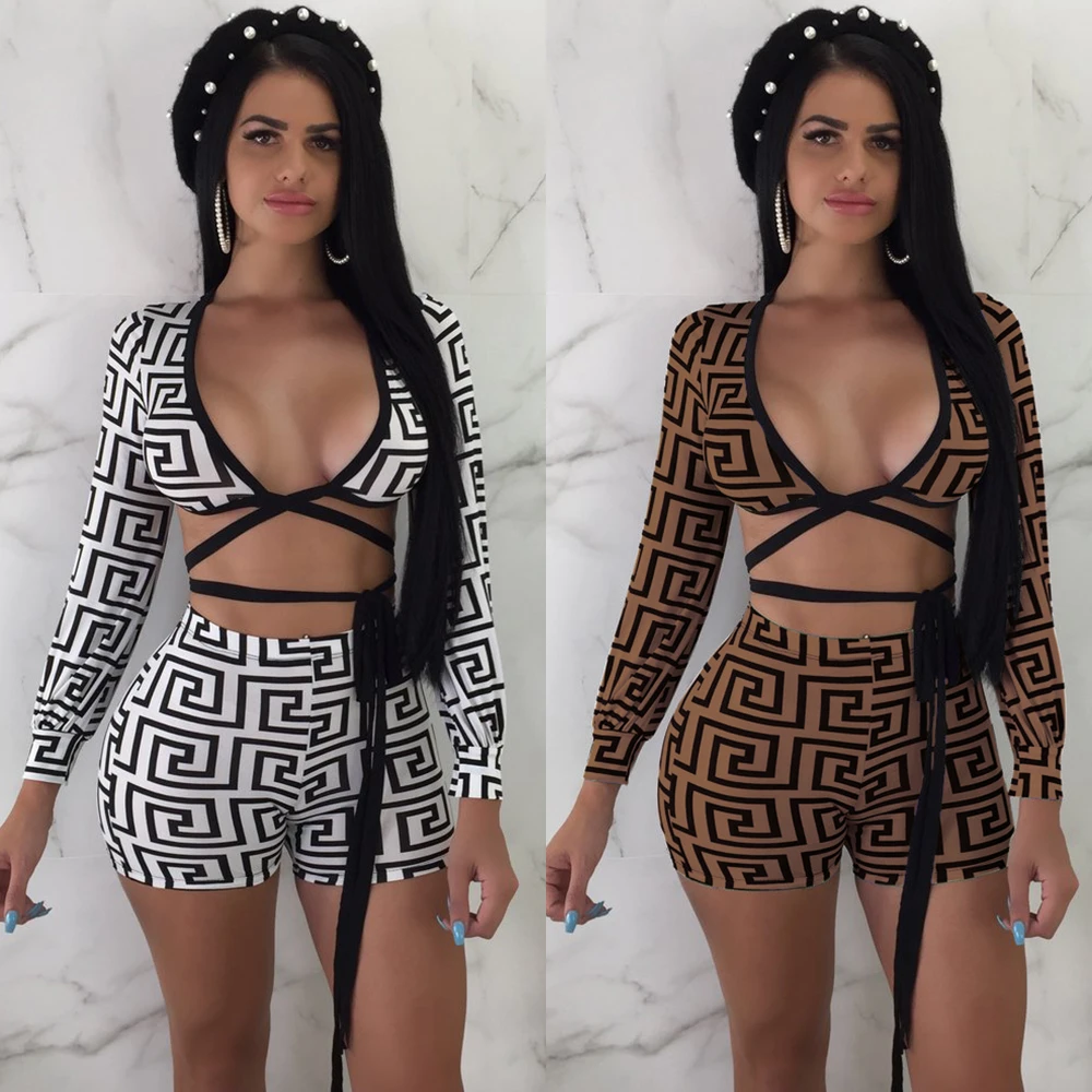 

Ready to ship OEM ODM TA7009 sexy long sleeve crop top and mini shorts 2 piece set women