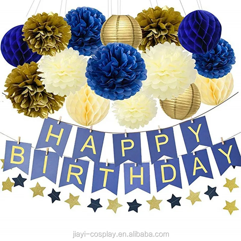 Navy Gold Birthday Blue Gold Banner Paper Star Garland Tissue Pom