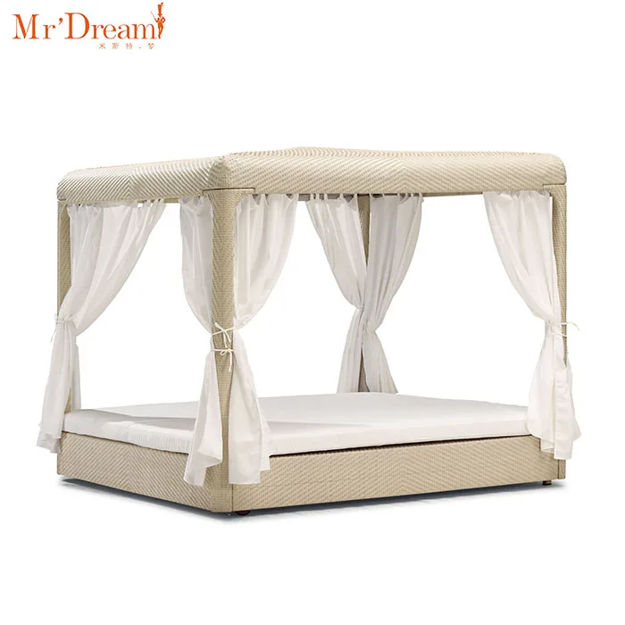 
High end luxury king size square rectangular bamboo rattan garden line outdoor beach hotel canopy bed 