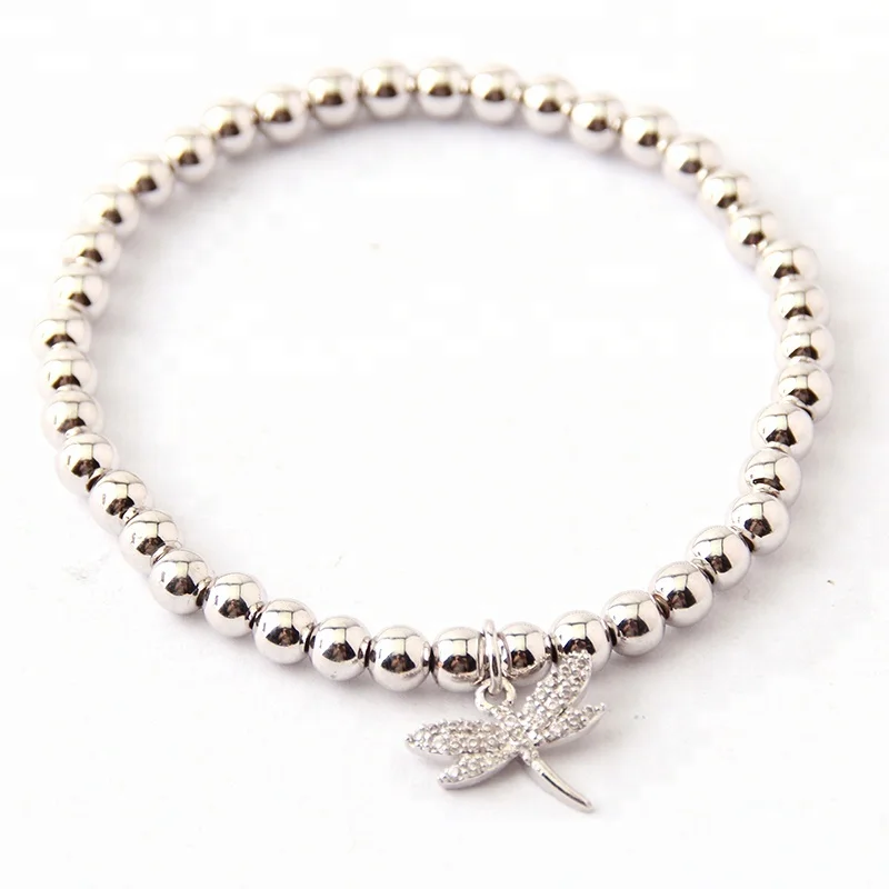 

Fashion 5MM Women Round Copper beads Elastic Bracelet with cubic zircon dragonfly charm Bracelet