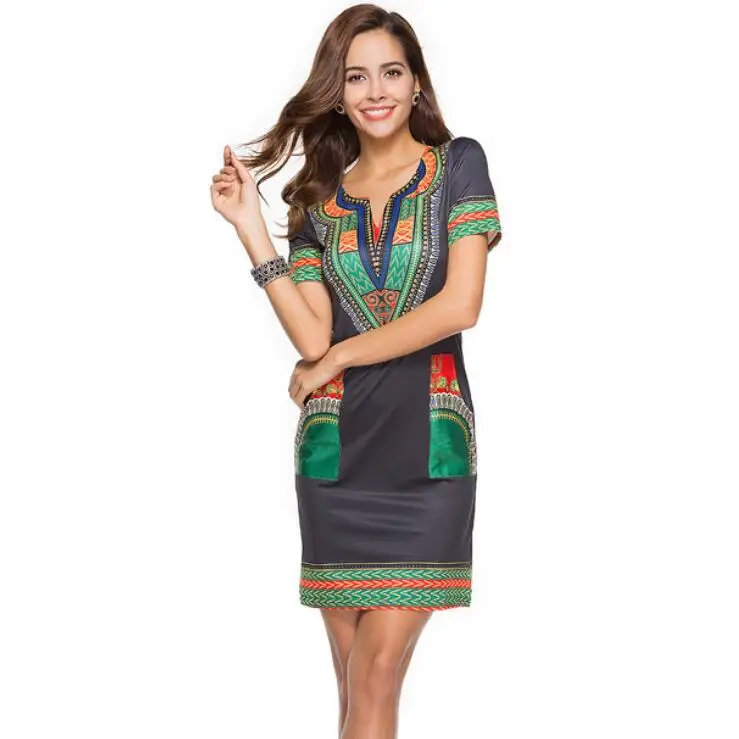 

Wholesale Amazon Hot Delling New Tight National Style Printed Dress African Kitenge Designs Woman Dresses A382