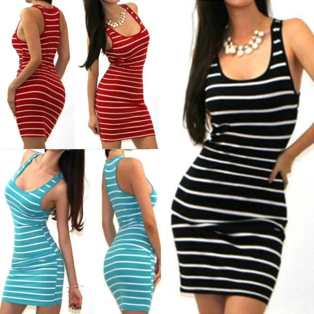 

Women Sleeveless Striped Sexy Party Sleeveless Brief Mini Dress Fashion Women Ladies Clothing Dress Bandage Bodycon