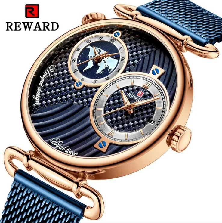 REWARD brand OEM men's luxury business watch multi-time zone waterproof business steel mesh belt watch