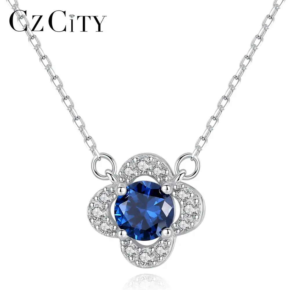 

CZCITY 925 Silver Cute Charm Woman Silver Flower Necklace Synthetic Gemstone Sapphire Stone Pendant