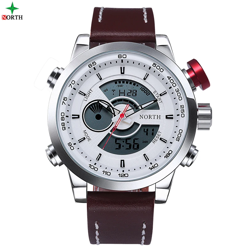 

North 6015 New Casual Leather Band LED Digital Chronograph Analog Quartz Waterproof Multifunction Men Sports Wristwatch