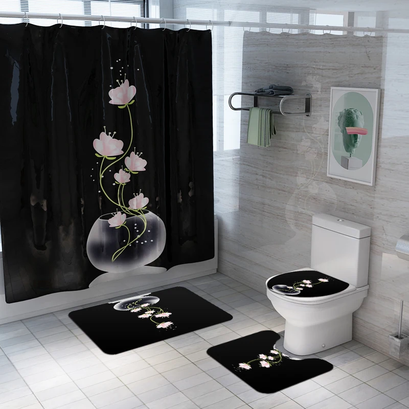Black Lotus Printing Toilet Pad Cover Bath Mat Shower Curtain Set for Bathroom Decoration