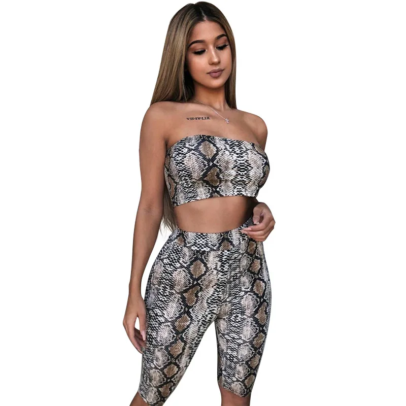 

Womens 2 piece set Snakeskin Tops Bodysuit Pullover Bandeau Top and Short Sets, As picture