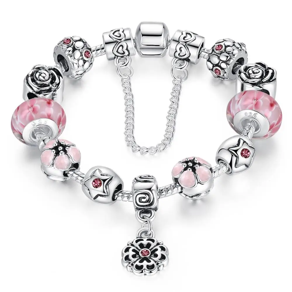 

Qings Silver Plated Flower Themed Charm Bracelet Perfect Gift for Girls and Daughters Exciting Christmas Gift, Pink