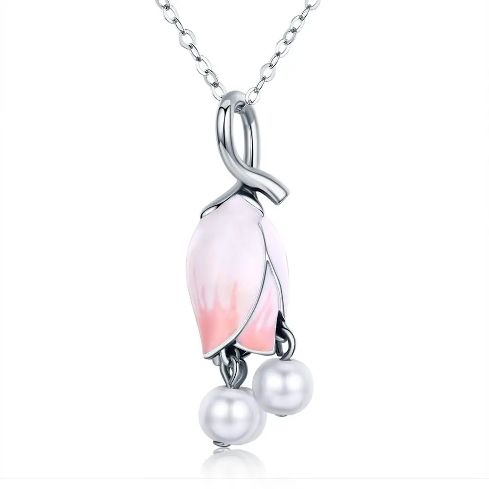 

925 Sterling Silver Convallaria Majalis Pendant Necklace Enamel Flower Pearl Pendant Jewelry