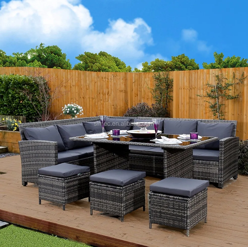 
aluminum frame PE rattan wicker outdoor L shape casual dining set 