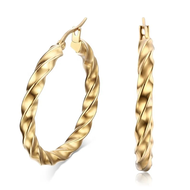 Best sell round big twisted gold plate stainless steel hoop earring