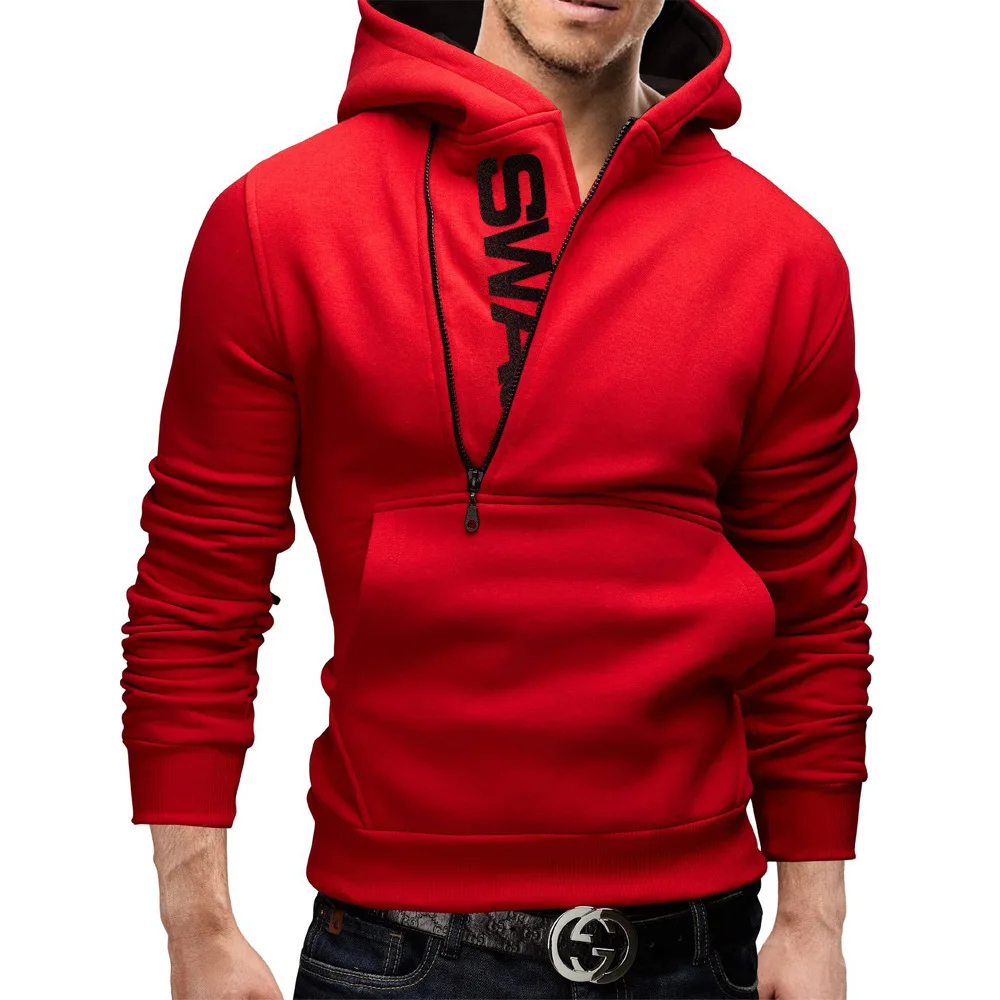 Custom Logo V-neck Long Sleeve Clothes Front Pocket Zipper Red Hoodie Men