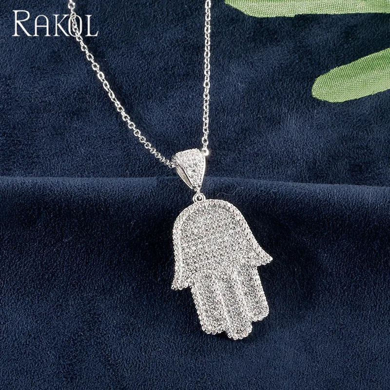 

RAKOL NP2036 Pave White Stone Pendant Hamsa Hand Necklace