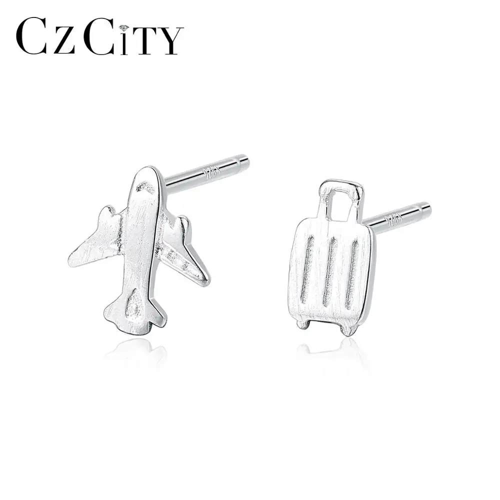 CZCITY Sterling Silver 925 Stud Earrings Women Brushed Aircraft&Trunk Design Earring Jewelry