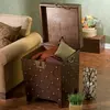 A sturdy wooden trunk coffee table and end tables