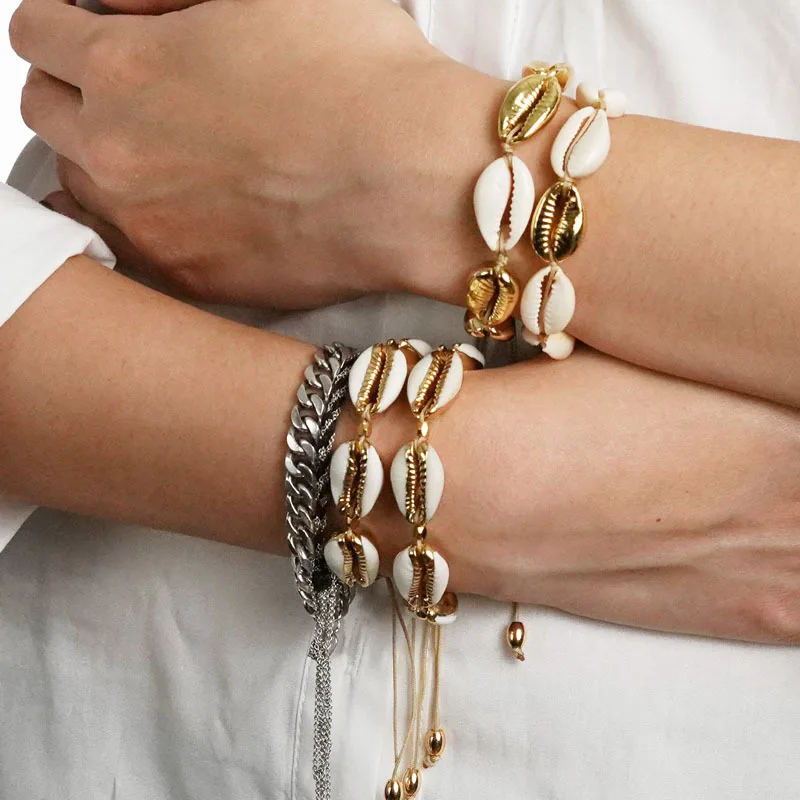 

Bohemian Jewelry Beach Braided Bracelet Gold Plated Cowrie Shell Charm Friendship Bracelet