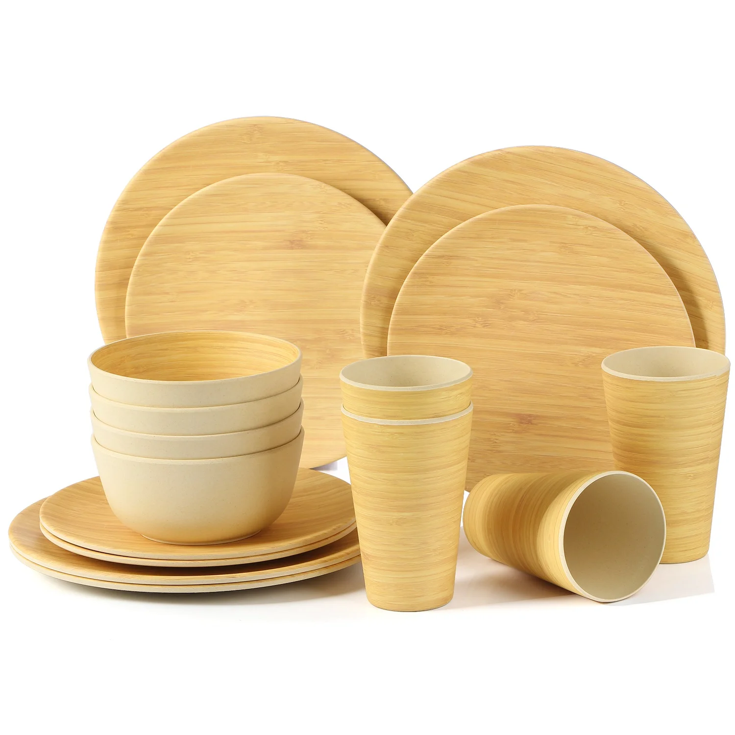 

Lekoch 16pcs Bamboo Round Plate Tableware Sets Dishes Household Solid Salad Bowl Set of Dishes Eco-friendly Plate for Gift