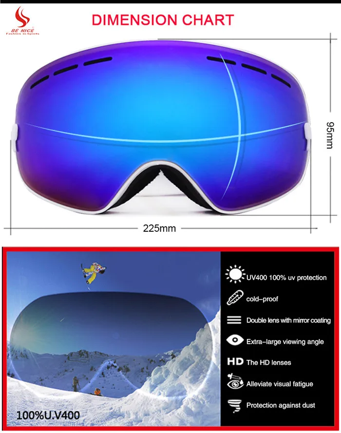 

Be Nice Unisex Skiing Glasses Double Lens UV400 Anti-Fog Big Spherical Snow Ski Goggles Snowboard Eyewear Mask For Men and Women