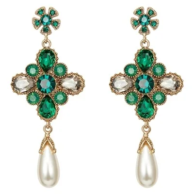 Vintage Baroque Green Crystal Cross Pendant Earrings for Women 925 Sterling Silver Pearl Dangle Drops Earrings Jewelry