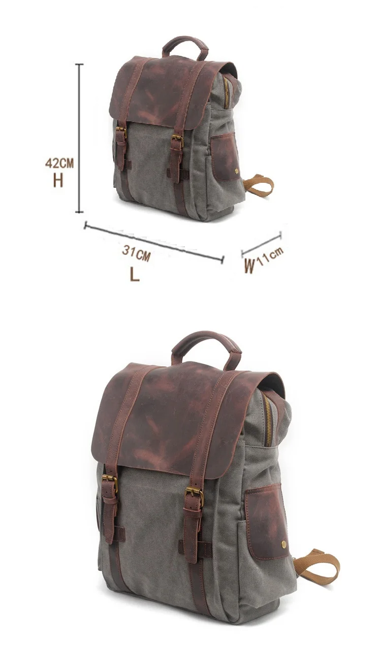 The latest elegant vintage crazy horse leather cotton canvas unisex satchel rucksack school back pack backpack bag