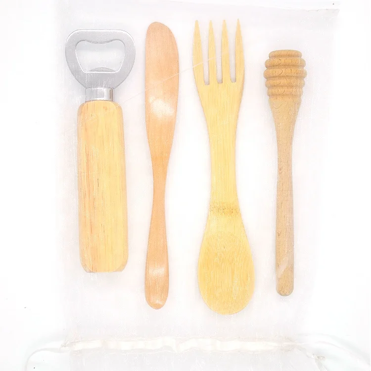 

elegant kitchen utensil promotional gift kitchenware 5pcs bamboo spork wooden knife bottle opener honey dipper set