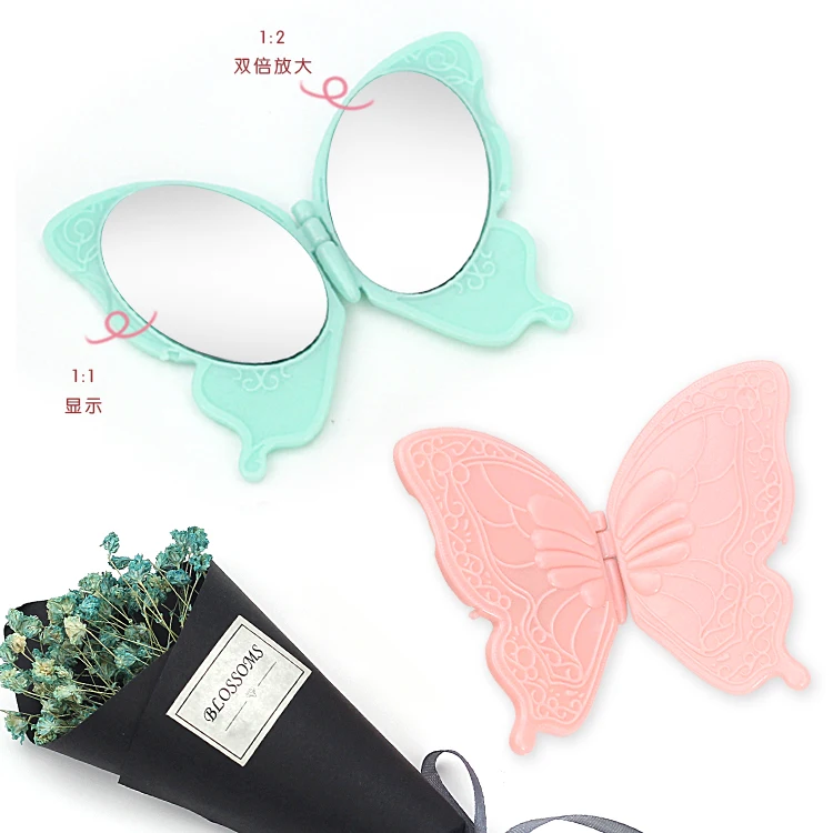 

Wholesale ECO-friendly plastic butterfly shape portable folding compact make up mirror, Pink blue