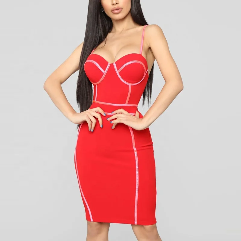 

Women's Spaghetti Strap Sleeveless Bodycon Midi Dress, Red and pink/customized