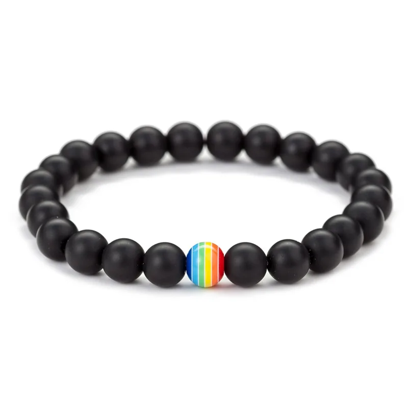 

Women Men LGBT Gay Pride Peace Stone Rainbow Beaded Bracelet Couple Jewelry Gift Black