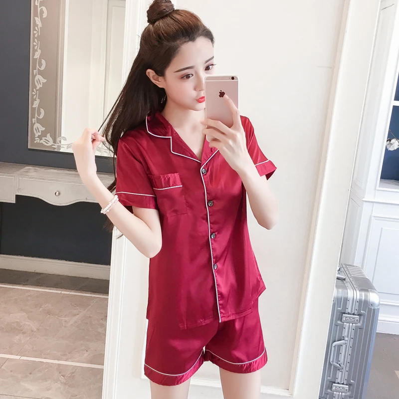 

Silk Satin pajamas shortsleeve top and pants sleepwear for women plus size