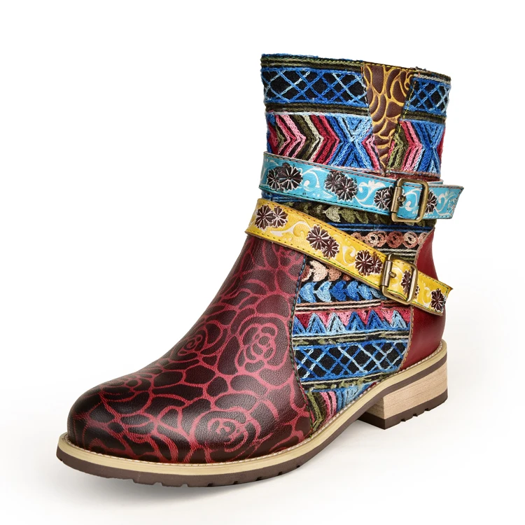 

Women Boho Ankle Boots Printed Foral Genuine Leather Comfy Lady Winter Boots Shoe, Red