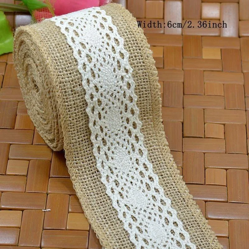 Lace Burlap Ribbons 2.4 Inch Burlap Ribbon Rolls With Jute Twine For