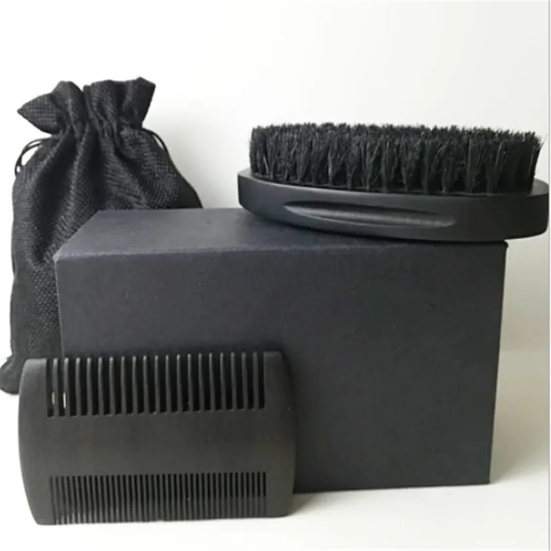 

Wholesale Custom Logo Black Beard Brush Boar Bristle Hair Man Black Wood Beard Brush And Comb Set
