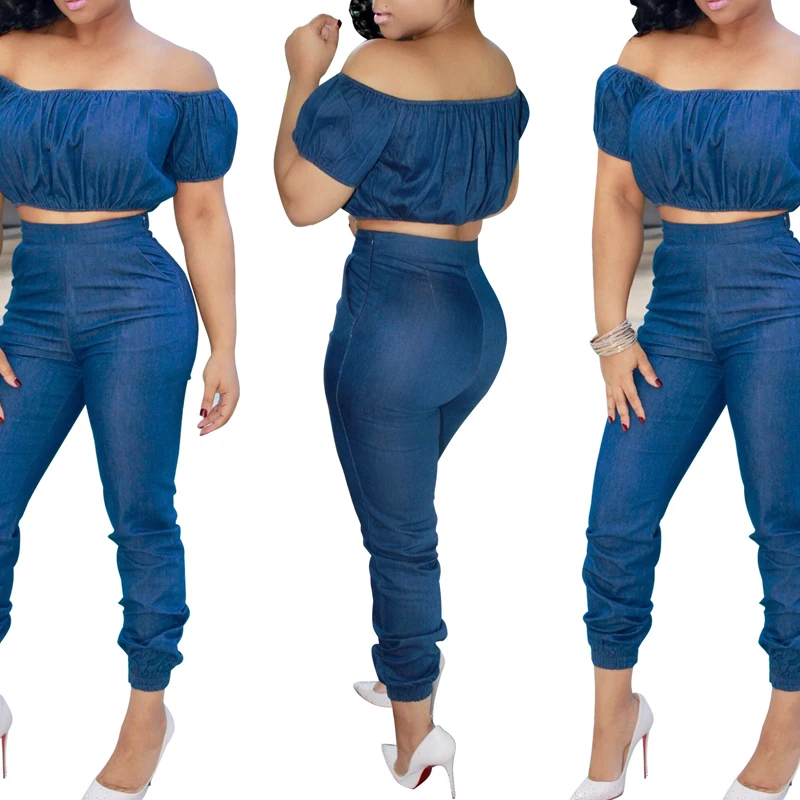 

Fashion Denim Jumpsuit Off Shoulder Tops Bandage Jeans Details Playsuit Women 2017, Blue denim